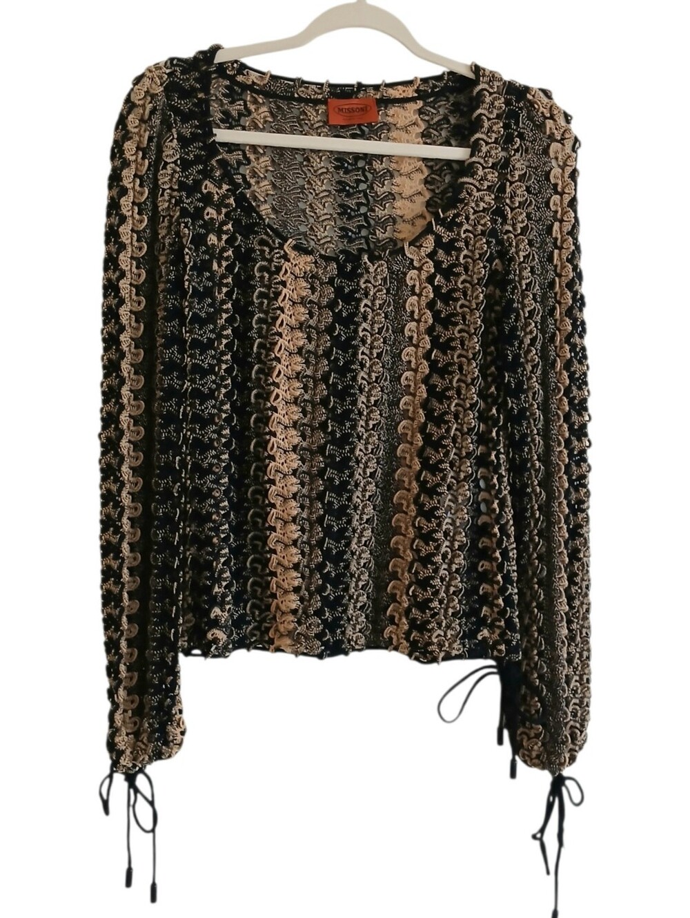 MISSONI Italy Crochet Open Knit Long Sleeve Top Women's 42/M Designer Luxury